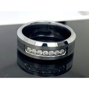 Men's Wedding Band Stainless Steel Tungsten 0.14ctw Diamond 8mm Ring Size 10